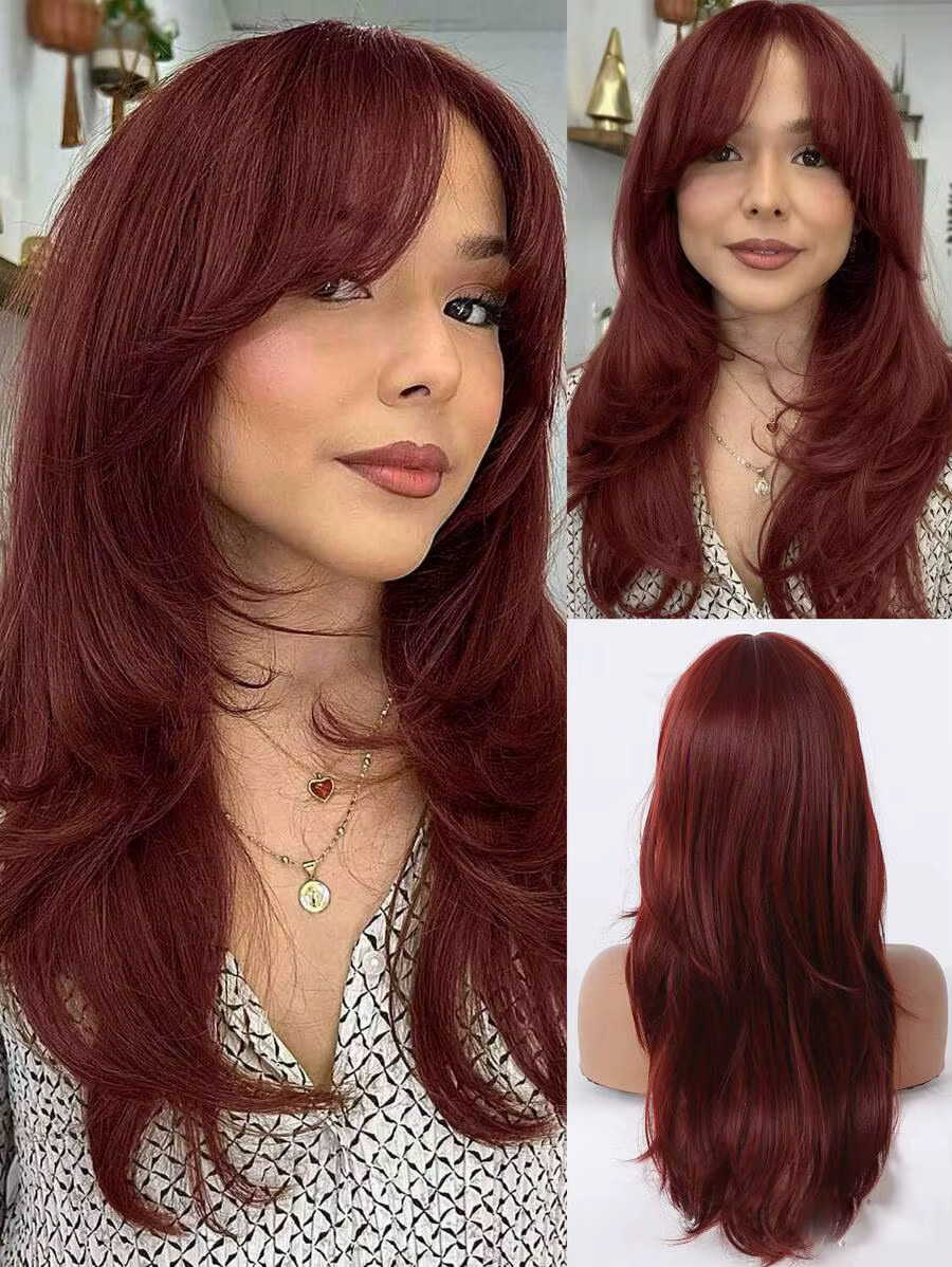 24" Wine Red Long Layered Synthetic Wig With Curtain Bangs, Heat Resistant Natural Synthetic Hair Fo