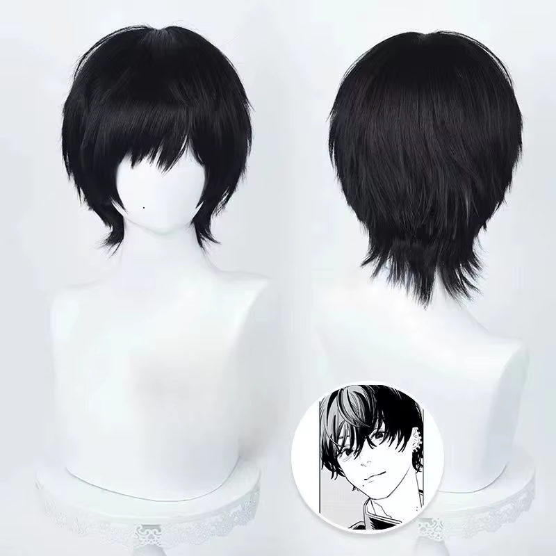 Perruque de Cosplay Anime Yoshida Hirofumi, perruque courte noire de 35cm, cheveux synthétiques rési