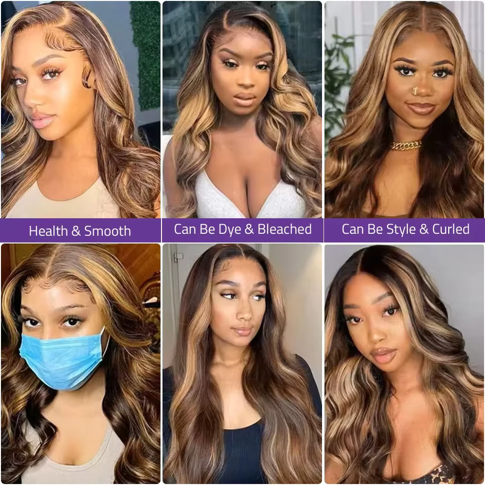 Perruque Highlight en Cheveux Humains Naturels P4/27 Blond Miel, Perruques Lace Front 13x6 en Cheveu