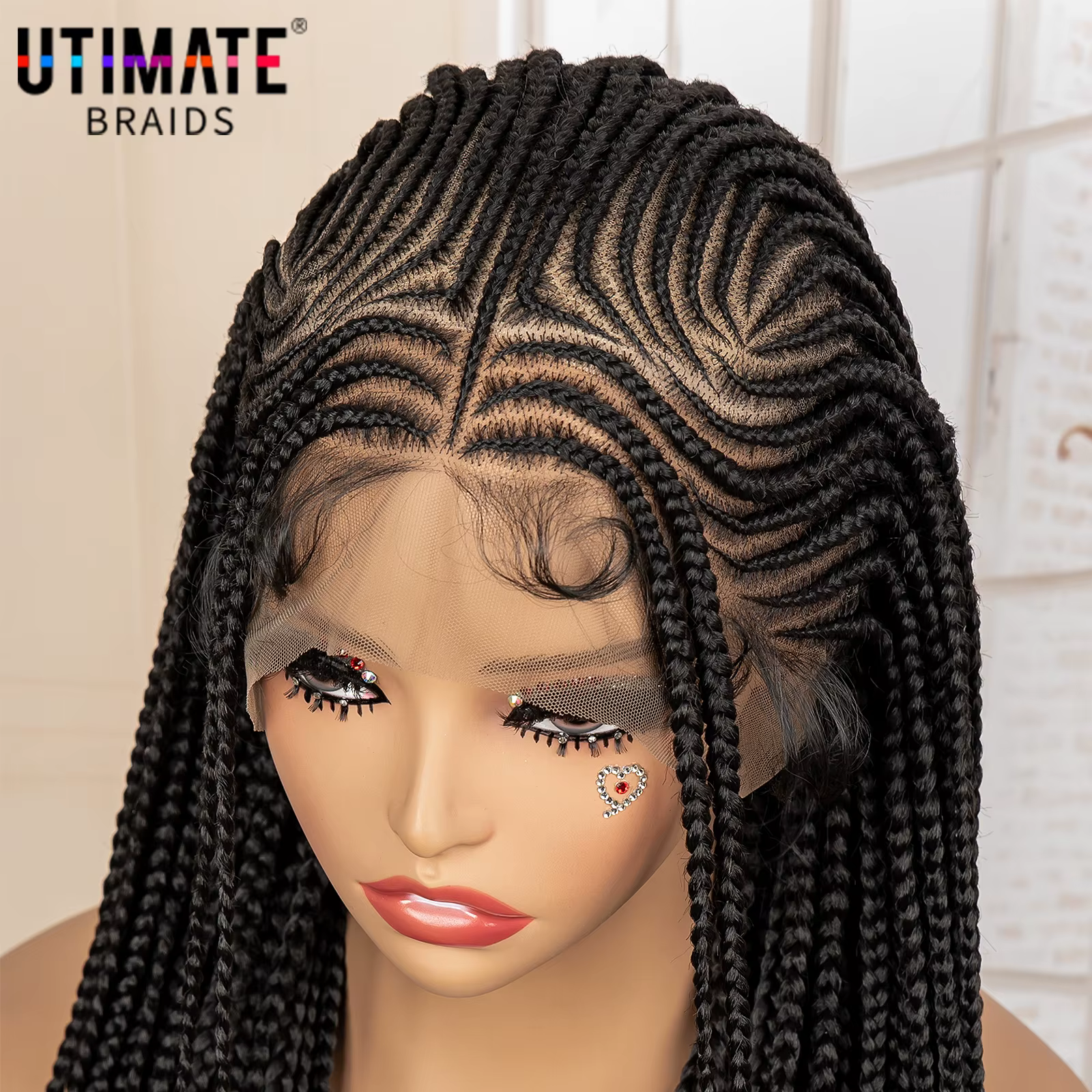 Perruques de cheveux tressés africains synthétiques pleine dentelle Cornrow sans noeuds boîte tressa