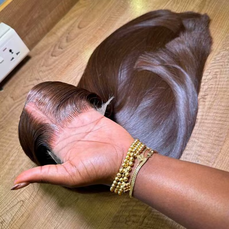 Perruques Lace Front HD 13x4 en cheveux humains brésiliens, couleur marron chocolat, 34 pouces, liss