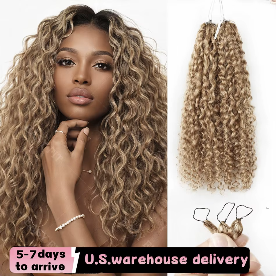 Extensions de cheveux humains pré-séparées au crochet, blond miel avec mèches, ondulations profondes