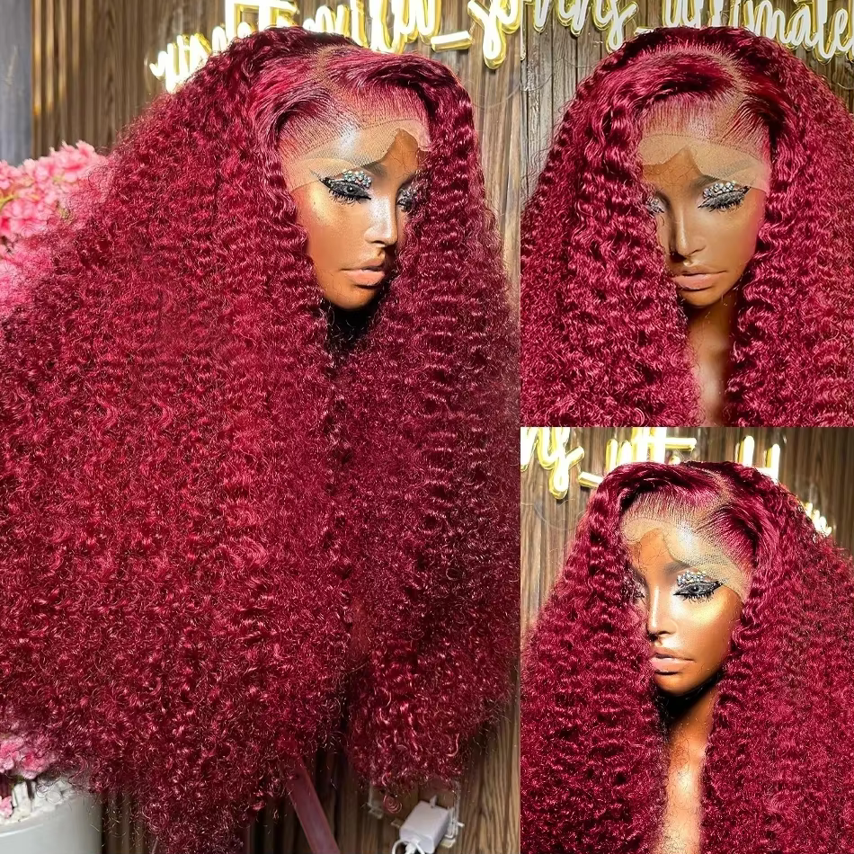 Perruque de cheveux humains bouclés 200 densité 99j Bourgogne 13x6 HD Lace Frontal, couleur Vin Roug