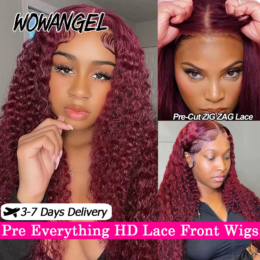 WOWANGEL-Perruque brésilienne ondulée sans colle, cheveux naturels, bordeaux 99J, 13x6 HD, 34 pouces