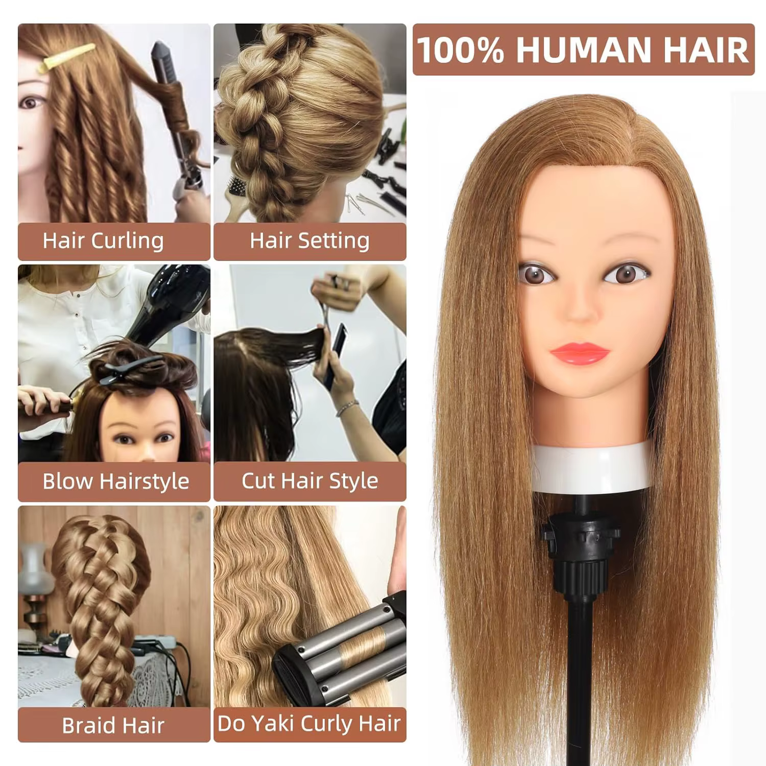 100% tête de Mannequin de cheveux réels avec cheveux humains coiffeur cosmétologie Mannequin Mannequ