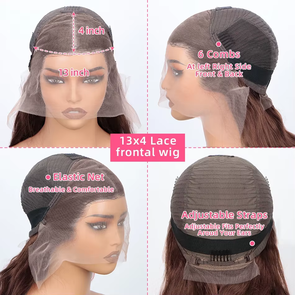 Perruque Lace Frontale 13x6 Ondulée Chocolat Marron 30 36 Pouces, Cheveux Humains Pré-Pluckés Coloré