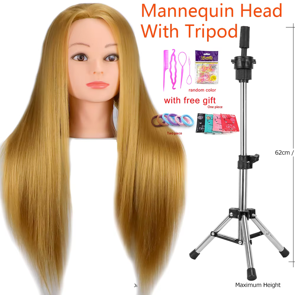 Tête de Mannequin 100% cheveux synthétiques, tête de formation pour coiffeur avec trépied, tête de p