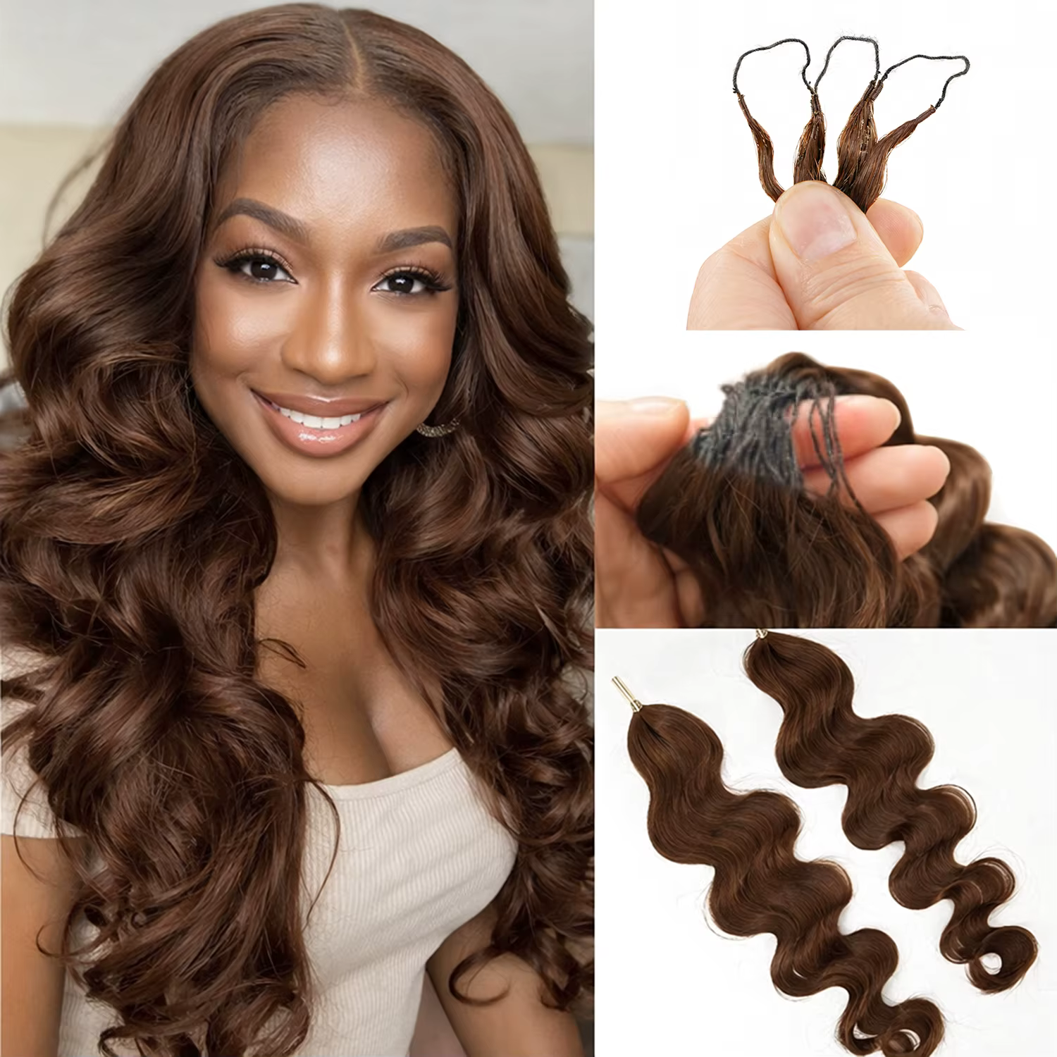 Sans couture # 4 Miracle Knots - Extensions de cheveux humains 100% naturels, ondulés, brun foncé, p