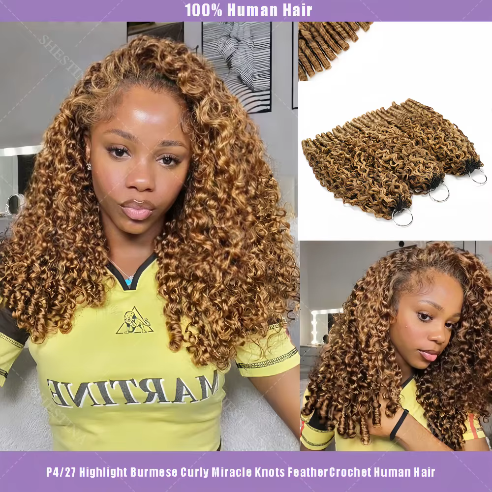 Extensions de cheveux humains ondulés 15A, effet plume, à crocheter, avec boucles spirales aux extré