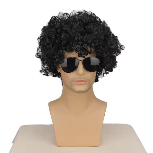 Perruque synthétique courte bouclée noire pour homme, style rocker disco, avec lunettes, perruque ef