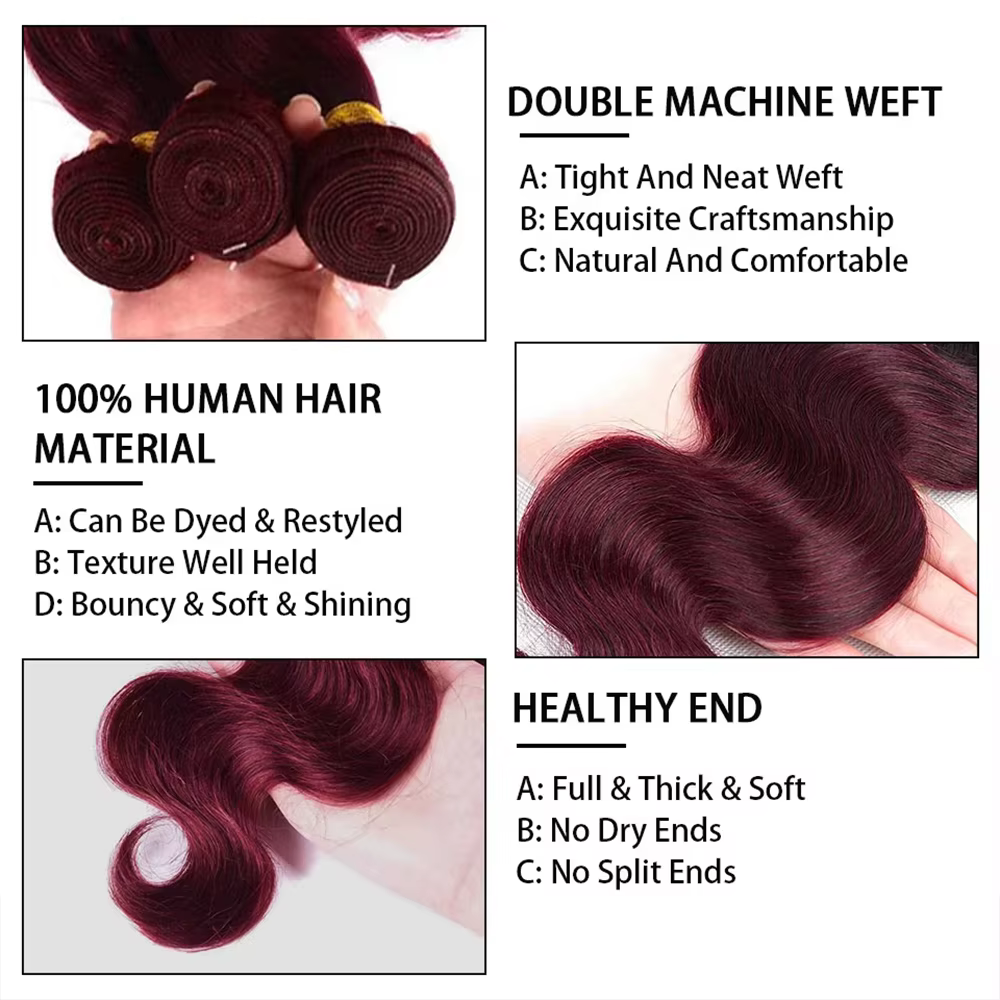 16A bordeaux 99j paquets de vague de corps couleur rouge paquets de cheveux humains 1/3/4 pièces Ext