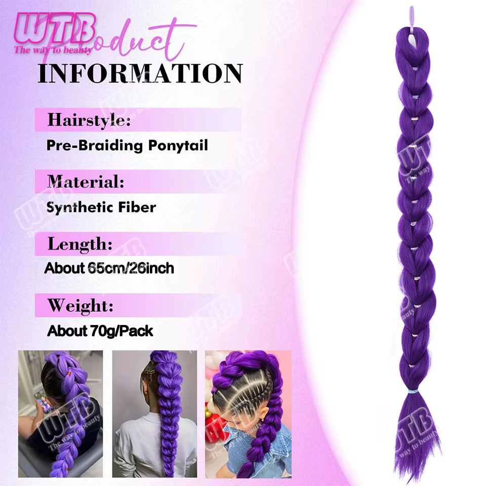 26 pouces violet tresses queue de cheval élastique pré tressage cheveux synthétiques violet Extensio