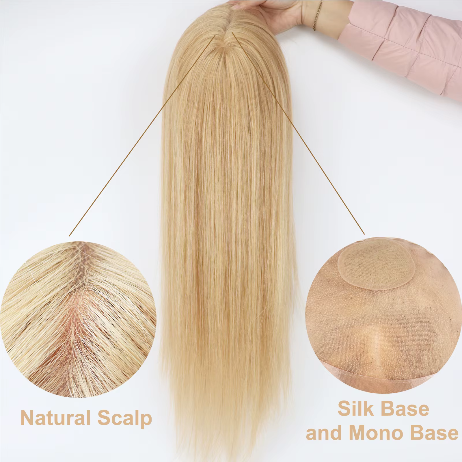 Perruque de cheveux humains entièrement attachée à la main, mono filet en soie, couronne blonde, PU