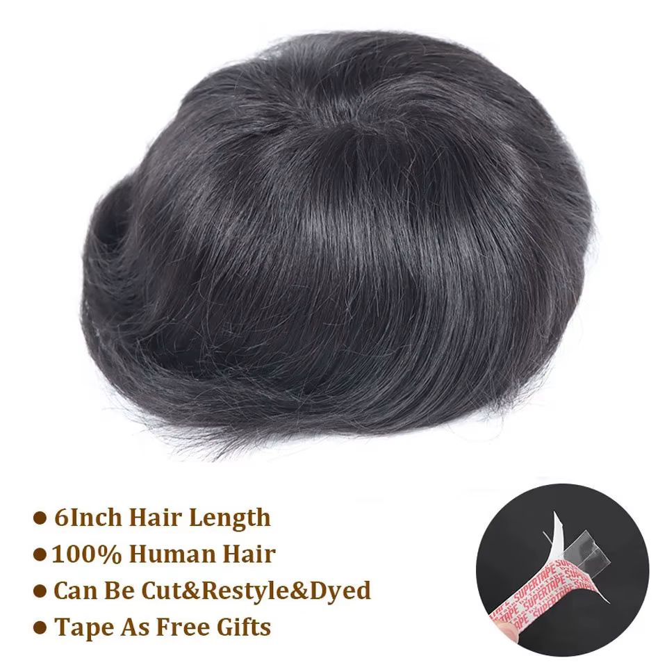 0,08-0,10 mm toupet en PU pleine peau pour hommes perruques de cheveux humains à boucle en V pour ho