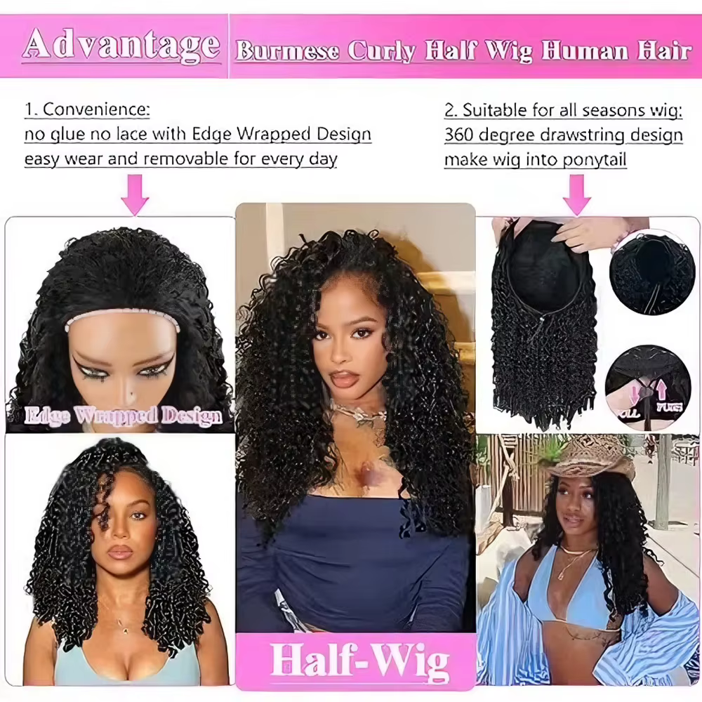 Perruque sans colle 250 % de densité, cheveux humains bouclés birmans, perruque demi-tête 3-en-1 amé
