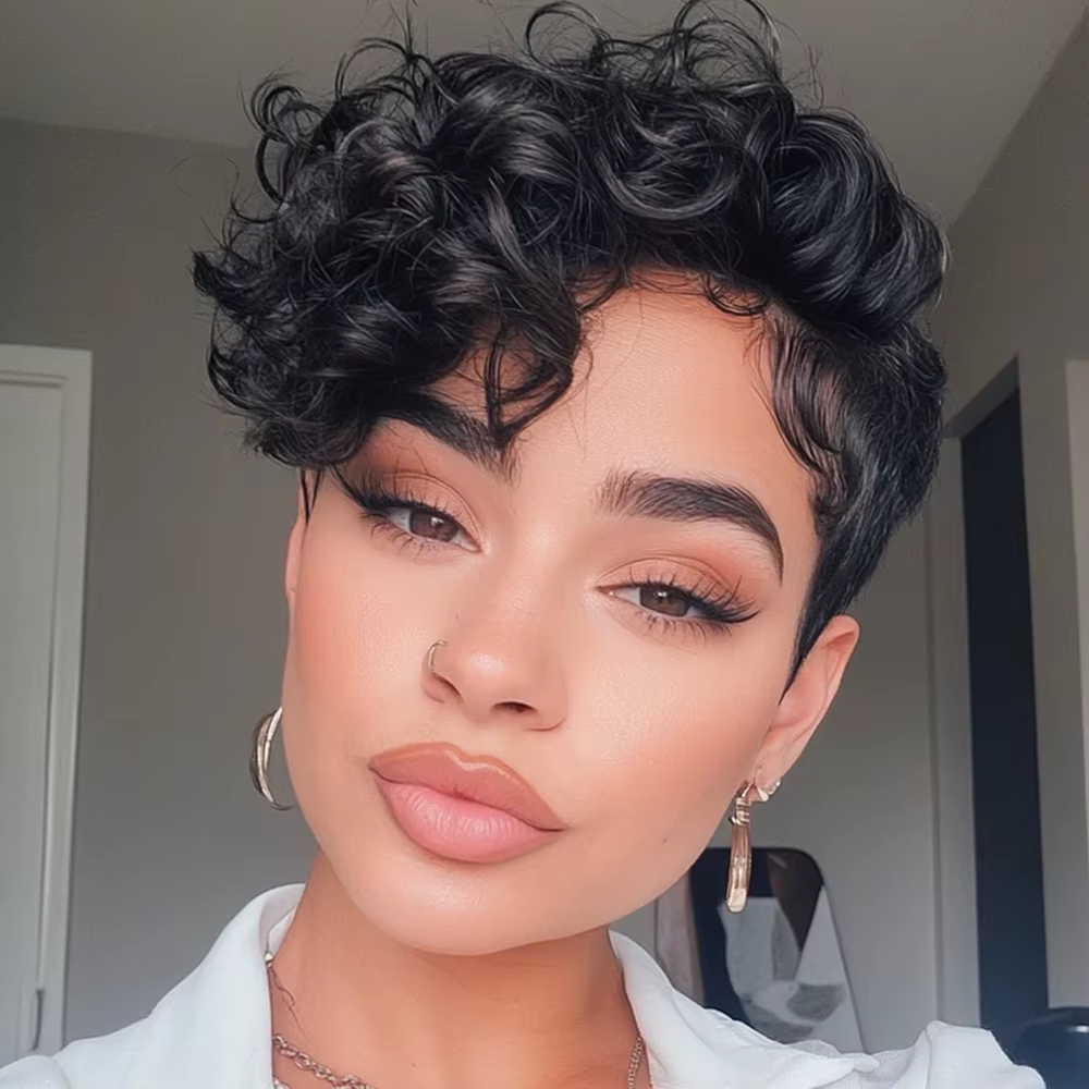 Perruque de cheveux humains coupe lutin 6 "en couches courtes bouclées lâches avec frange Remy cheve