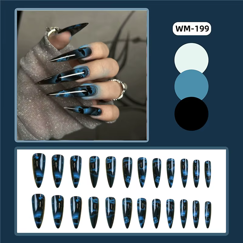 24 faux ongles papillon bleus à coller, extra longs, réutilisables, adhésifs, avec outils 2026
