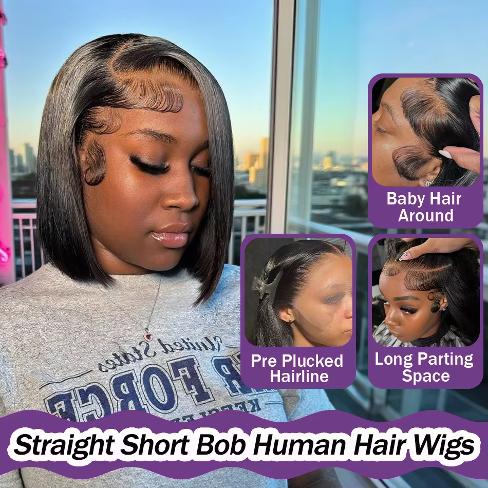 Perruques Courtes Bob en Cheveux Humains Vietnamiens 100% Naturels, Perruque Frontale en Dentelle HD
