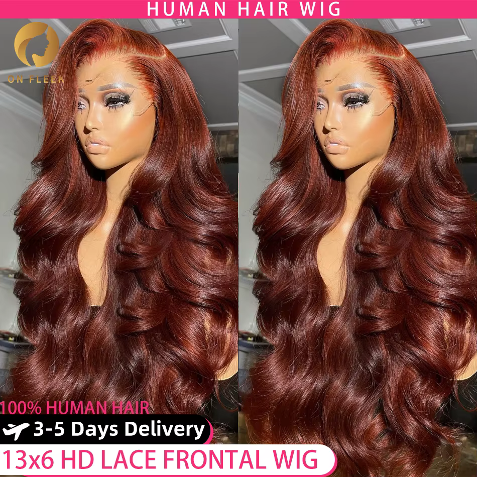 Perruque Lace Frontal Wig Body Wave naturelle, cheveux humains, brun rougeâtre, 13x4, Hd, 13x6, pre-