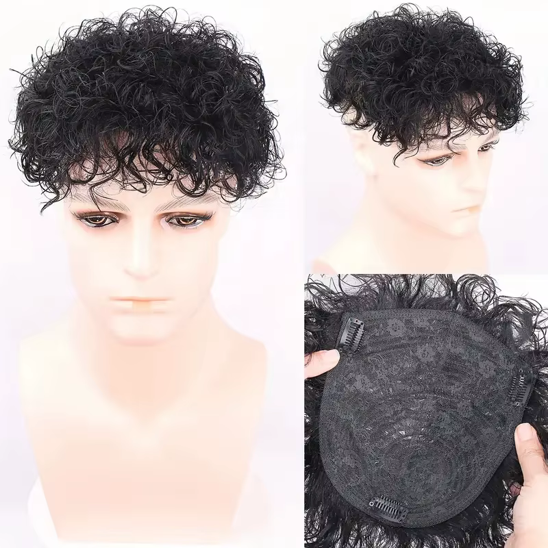 Perruque courte bouclée pour hommes, cheveux humains, avec Texture ondulée bouclée, densité légère à