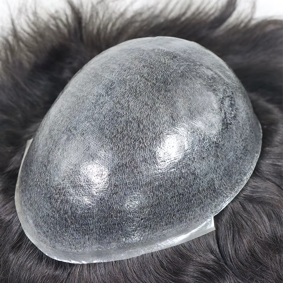 0,08-0,10 mm toupet en PU pleine peau pour hommes perruques de cheveux humains à boucle en V pour ho