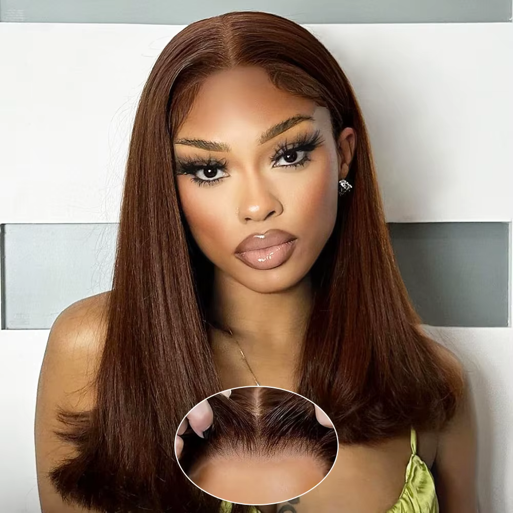 Perruques Courtes Bob en Cheveux Humains Brun Chocolat, Densité 180%, Lisses, Perruque Bob Lace Fron