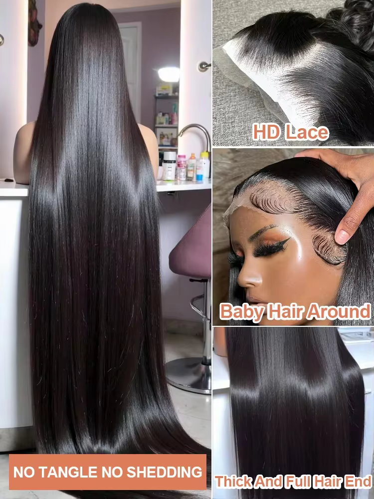 Perruques de cheveux humains lisses avec dentelle HD 13x6, densité 250%, 40 pouces, couleur naturell