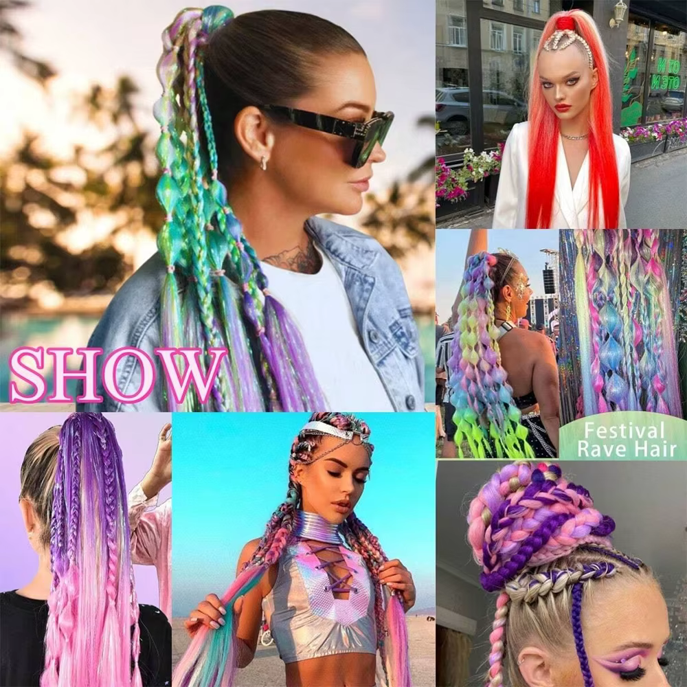 Queue de cheval droite synthétique avec cheveux élastiques, tressage coloré, extensions de cheveux,