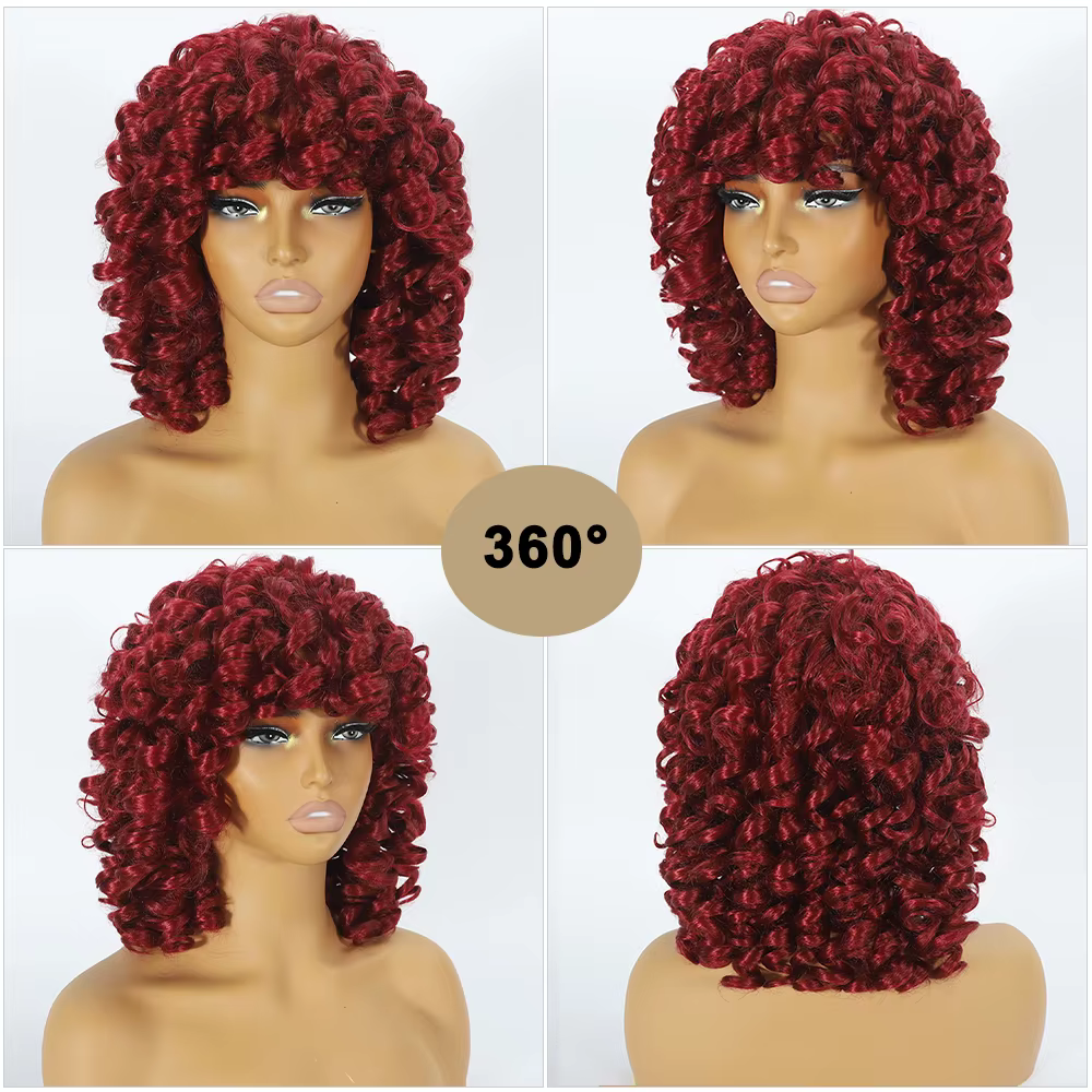 Perruque courte bouclée rouge ample pour femmes noires, perruque Afro bouclée avec frange en Fiber s