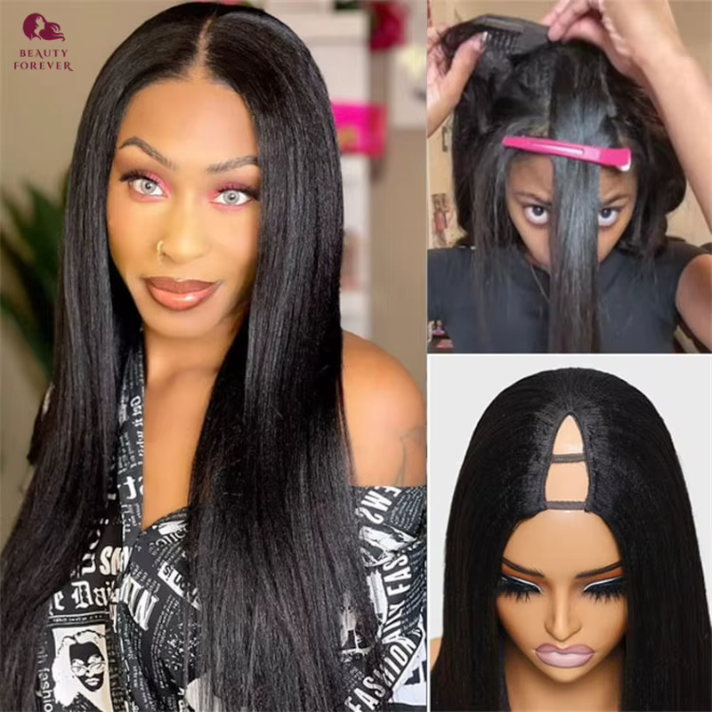 Beautyforever EasiContour ™ Yaki droite V partie perruque cheveux humains élastique cordon Yaki V