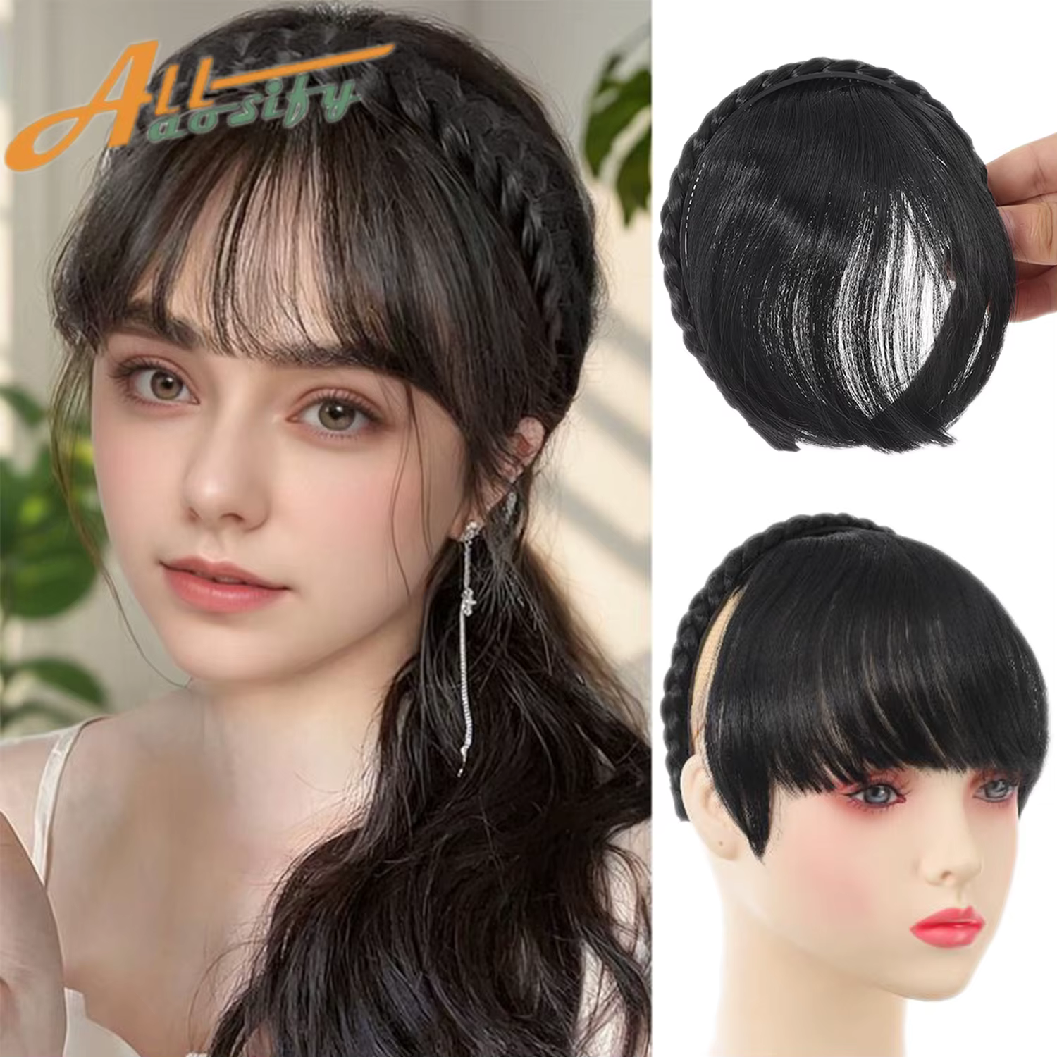 Frange de cheveux avec bandeau tressé, cerceau synthétique à Clip, Extensions de cheveux élégantes p