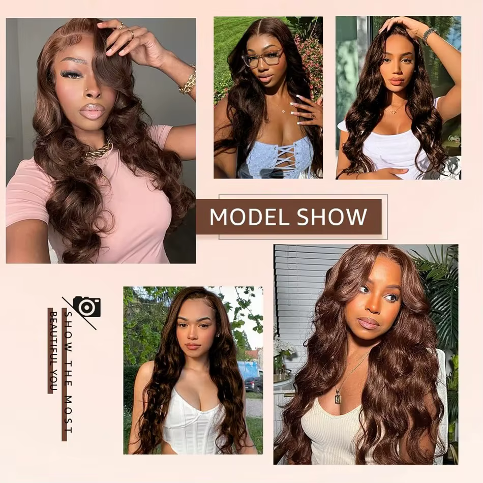 Perruques à dentelle frontale Body Wave brun chocolat, cheveux humains pré-épilés, cheveux vierges b