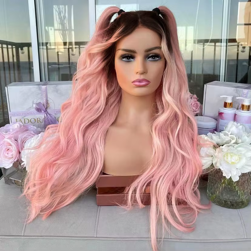 AIMEYA-Perruque Lace Front Wig Synthétique Ombrée Rose, Cheveux Ondulés Naturels, Racines Noires, De