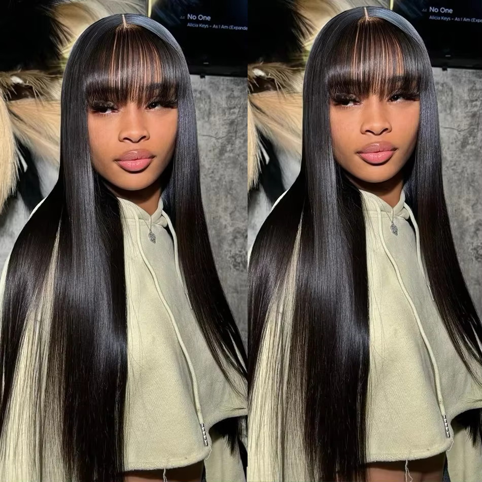 Perruque Lace Wig naturelle lisse avec frange, cheveux humains, partie centrale 3x1, bon marché, ent