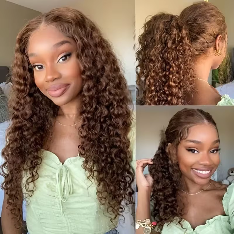 Perruque en cheveux humains Deep Wave Invisi Strap 360 HD Lace Front, brésilienne, Water Wave, marro