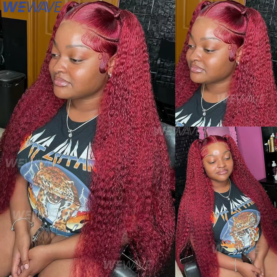 Perruque Lace Front Wig Naturelle Bouclée Rouge Bordeaux 99J, Cheveux Humains, Deep Wave, 13x6 HD