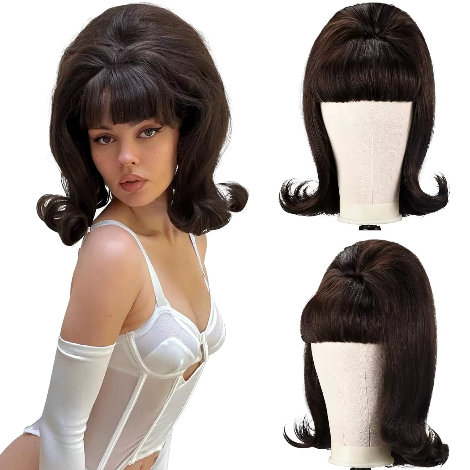 Perruque marron rétro 50S 60S 70S pour dames avec frange, perruque synthétique pour fête costumée d'