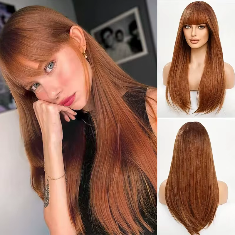 Perruque Synthétique Longue Droite avec Frange pour Femme, Cheveux Naturels, Rouge, Marron, Cuivre, 