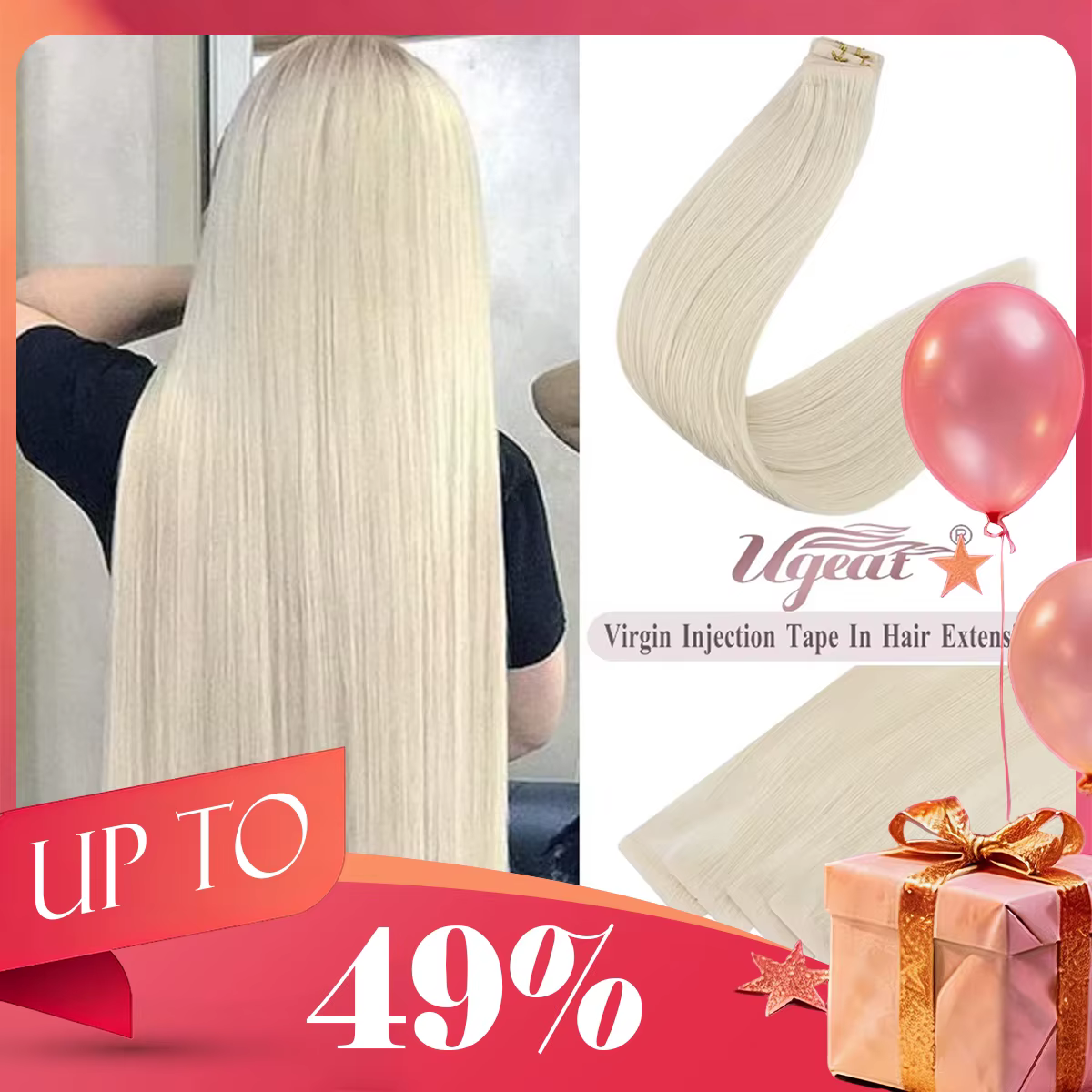 [12 mois] Ugeat ruban Invisible dans les Extensions de cheveux humains 10A Grade sans couture peau t