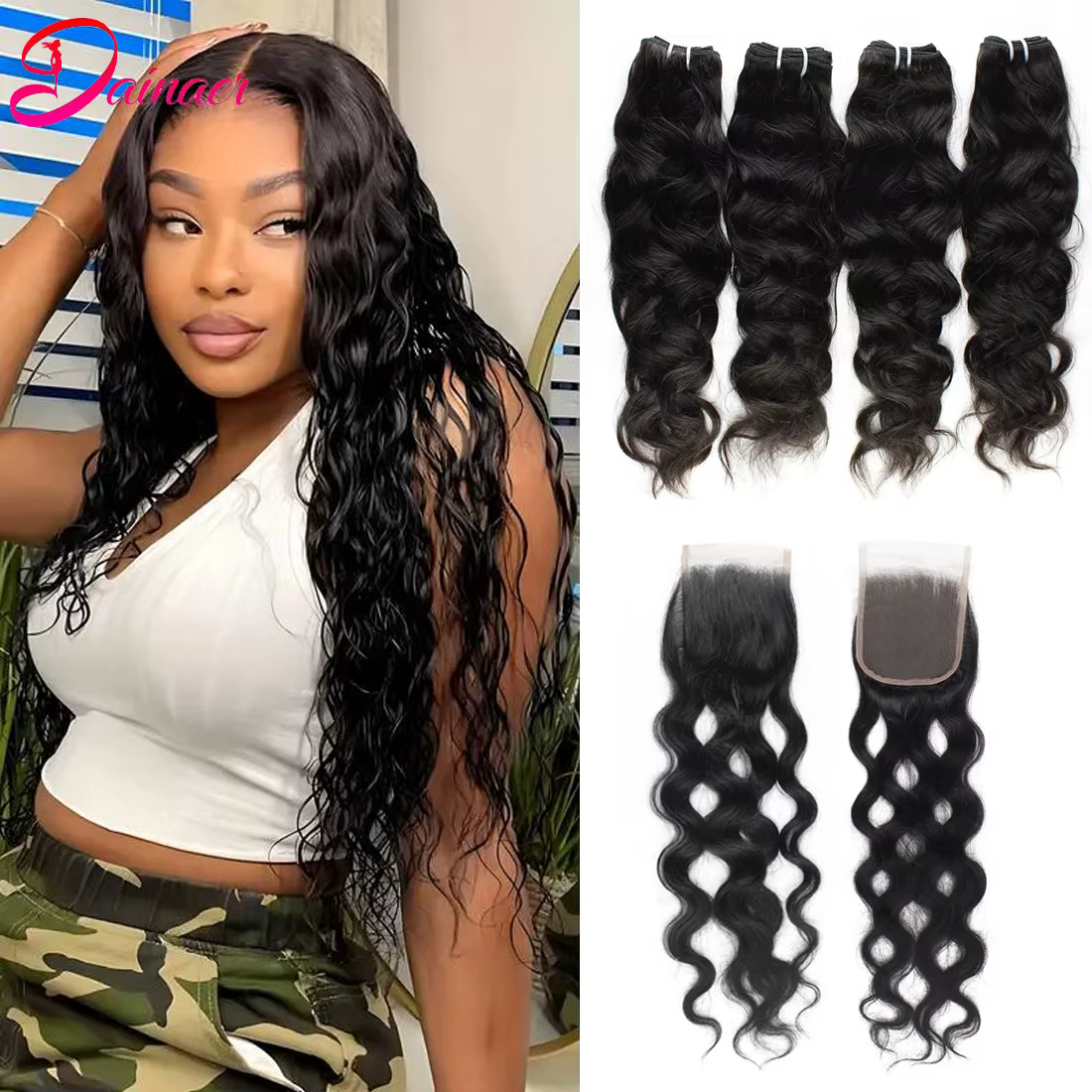 Extensions de Cheveux Péruviens Naturels Ondulés avec Fermeture, Mèches 100% Naturelles Remy, 4x4