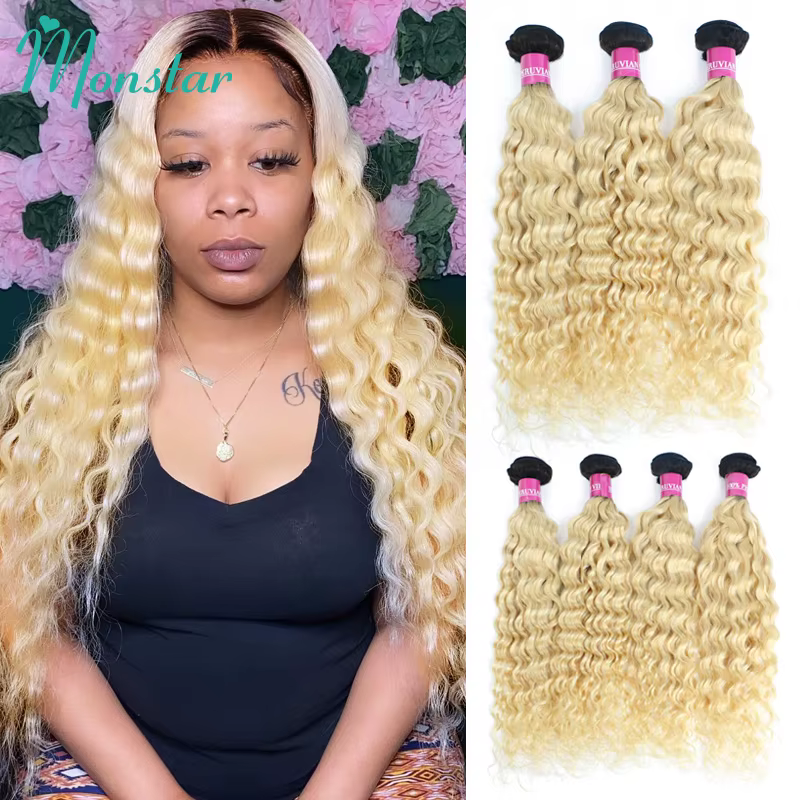 Mèches Deep Wave péruviennes naturelles Remy – Monstar, cheveux humains, 2 tons, ombré, blond miel 1