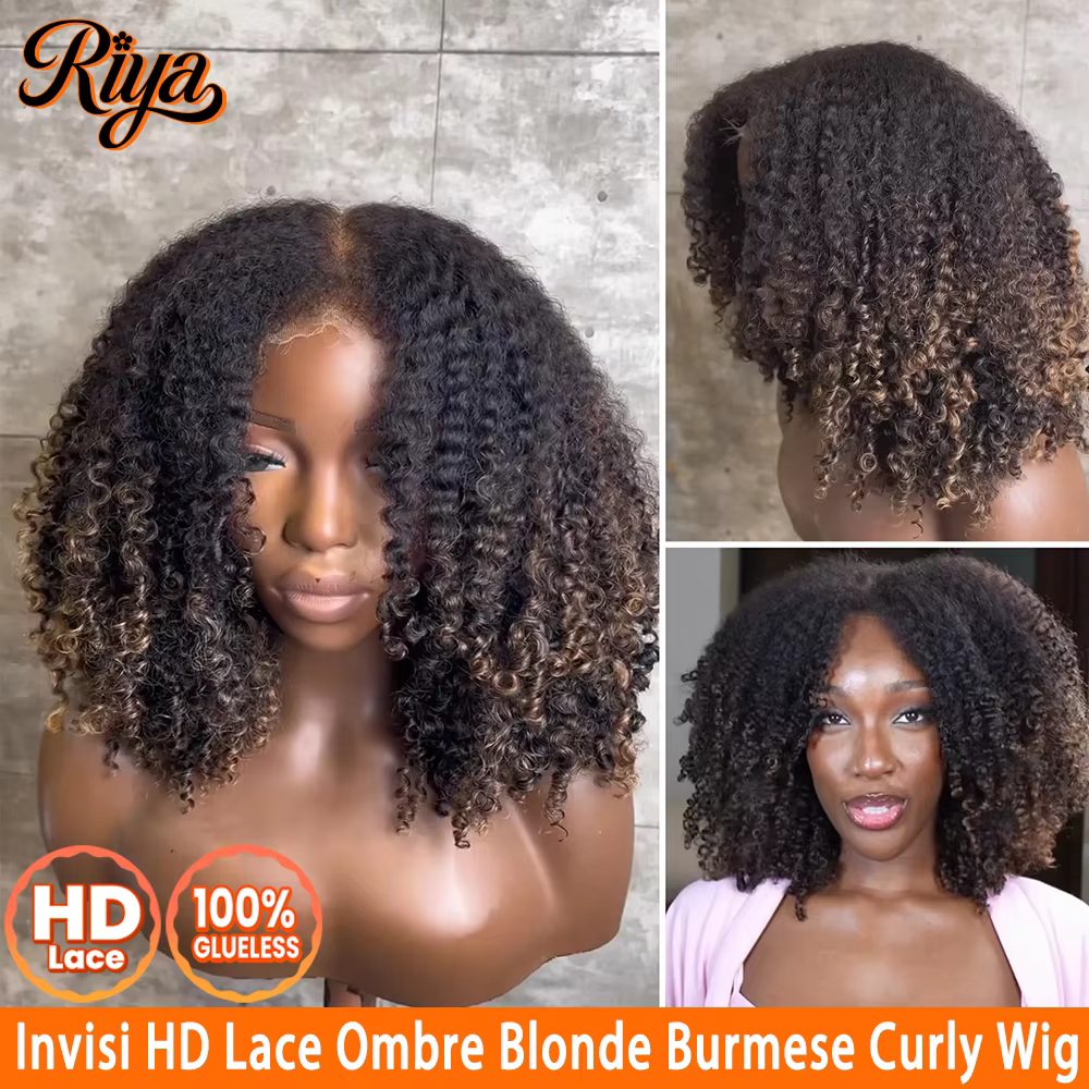 Ombre Blonde Invisi HD 7x5 sans colle dentelle perruque Remy 100% cheveux humains bouclés 4X4 5X5 sa