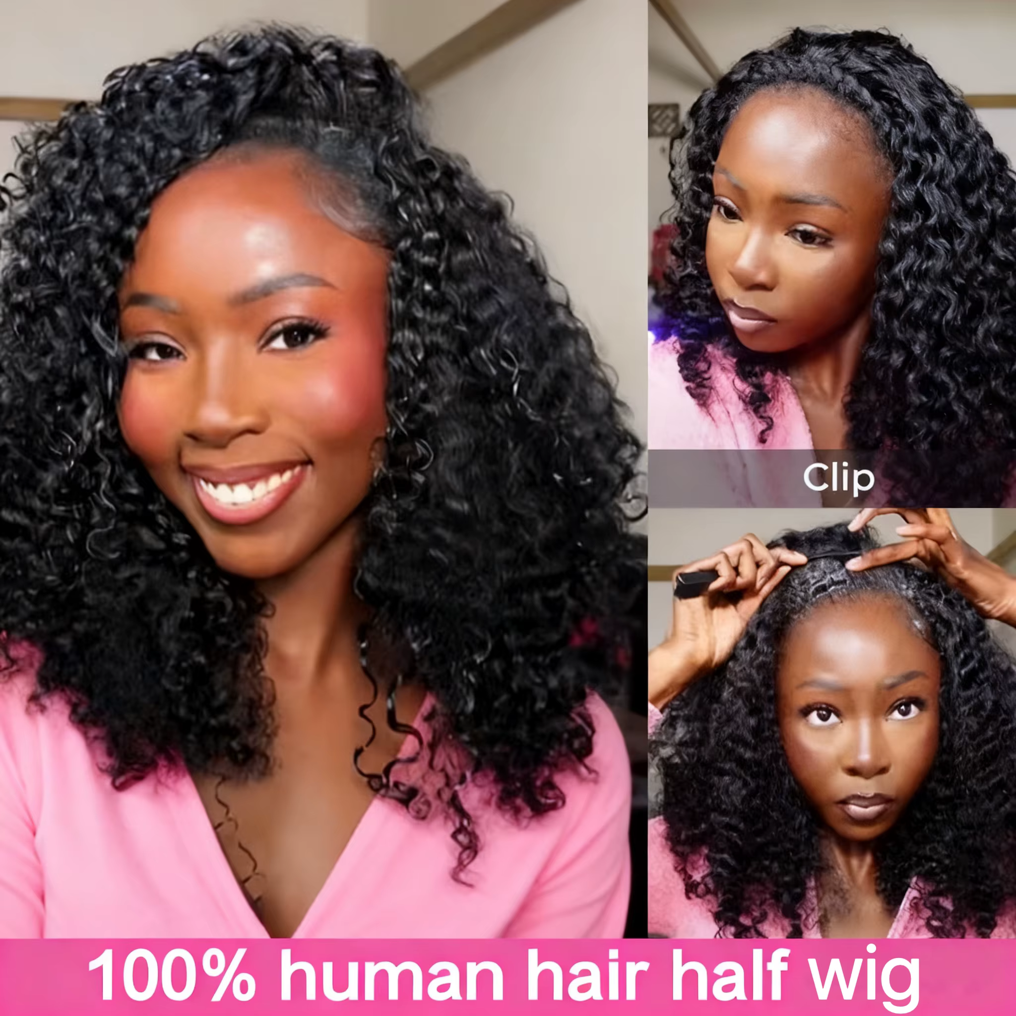 Demi-perruque Afro bouclée, cheveux humains, sans colle, bandeau avec cordon de serrage, Clip sans c