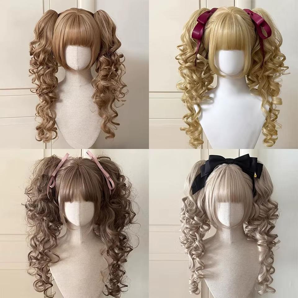 Perruque Lolita synthétique coupe princesse Double queue de cheval avec frange fille Ombre Blonde ma