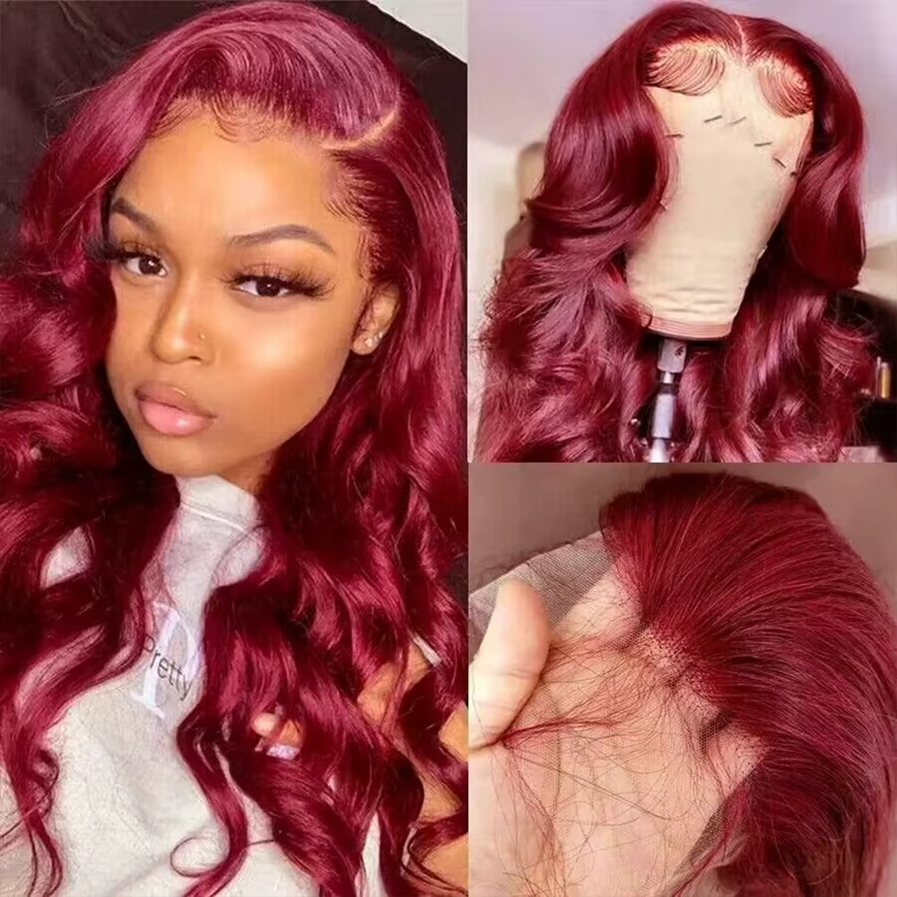 Perruque Lace Front Wig Body Wave Brésilienne Naturelle, Cheveux Humains, Couleur Rouge Bordeaux 99j
