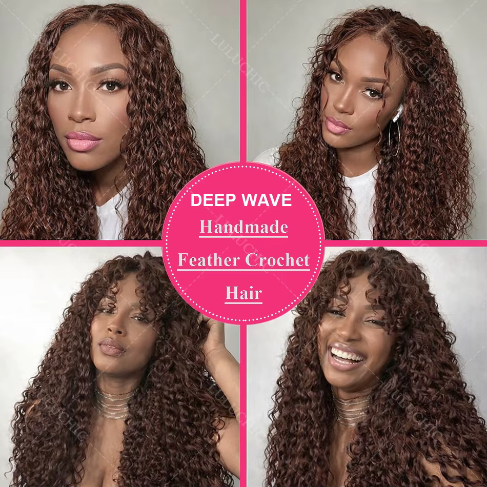 Extensions de cheveux humains bouclés au crochet, couleur marron chocolat, à ondulations profondes,