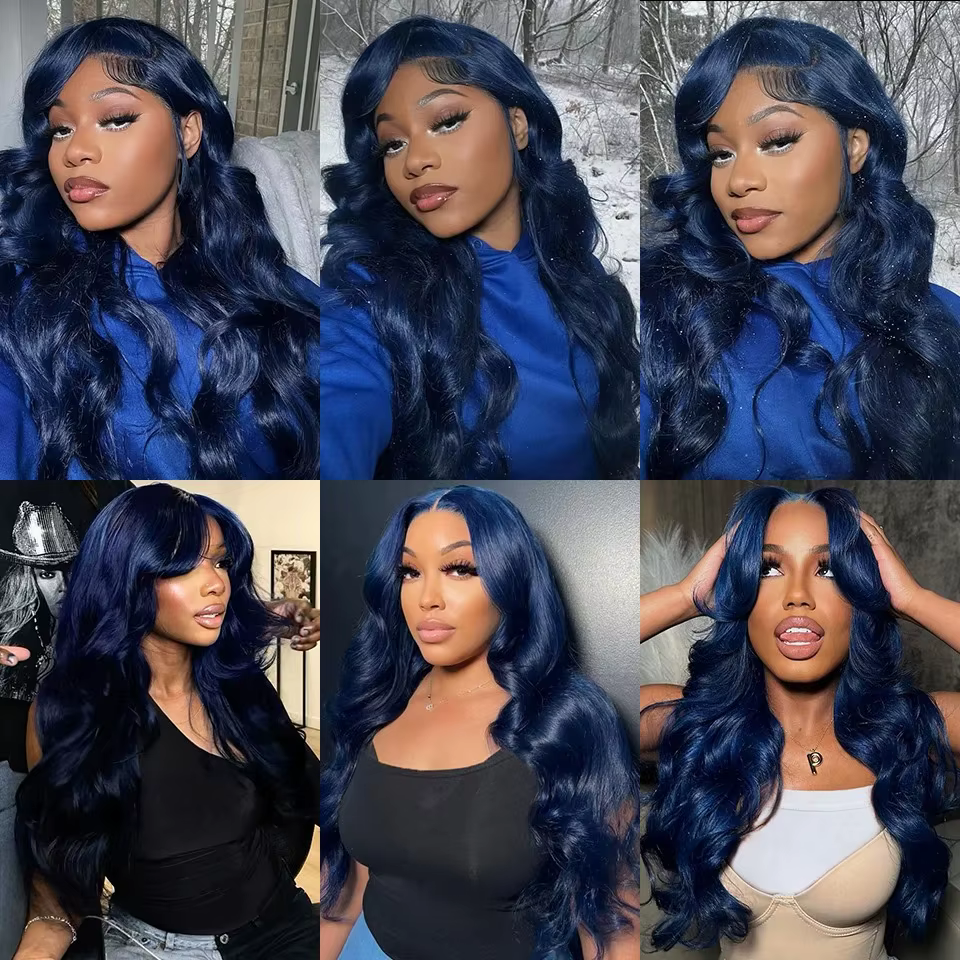 Perruque Lace Frontal Wig synthétique Body Wave longue bleu foncé, 13x4 HD, bleu nuit, sans colle, h