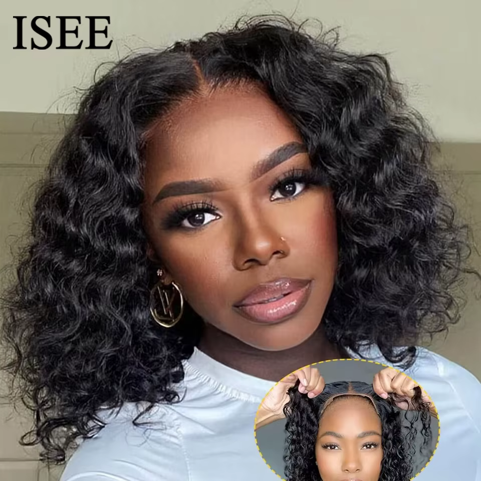 ISEE Hair-Go Glueless Wigs, Water Wave Wig, Short Bob Wig, Transparent, Pré-Cut, Pre-Plucked, 6tage 