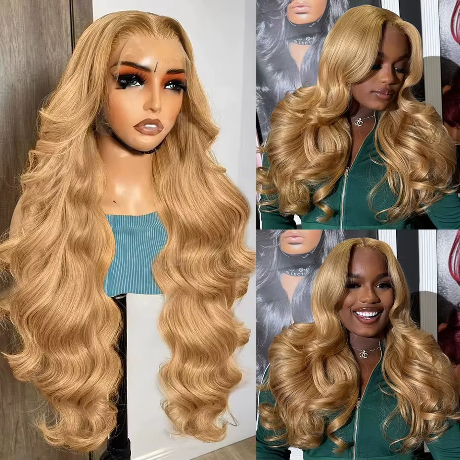 Perruque brésilienne ondulée 34-36 pouces, 27 blond miel, en cheveux humains, avec dentelle frontale