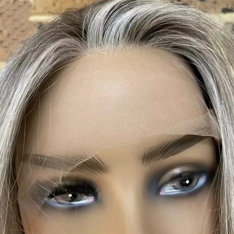 Perruque Lace Front Wig synthétique HD ombrée, gris cendré blond, perruque Bob courte ondulée de hau